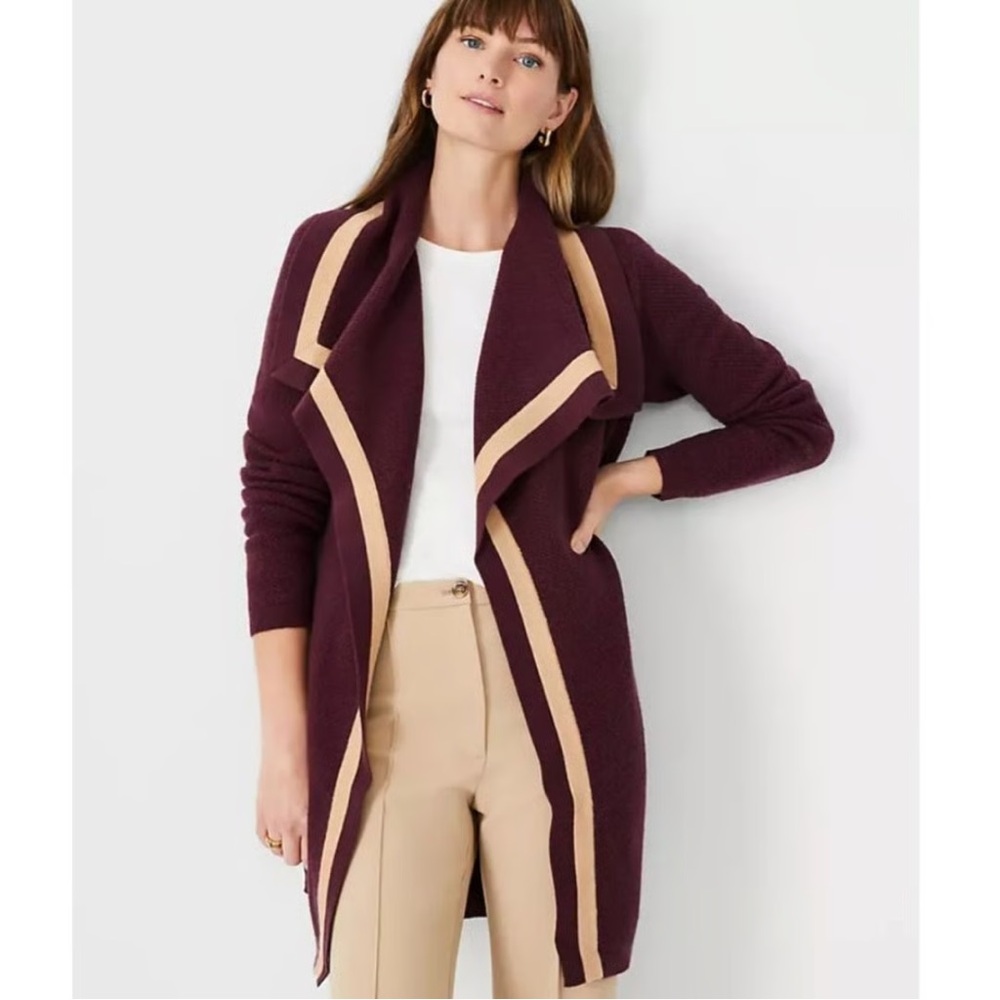 Ann Taylor Stripe Cascade Plum Burgundy and Tan Open Front Cardigan Sweater
